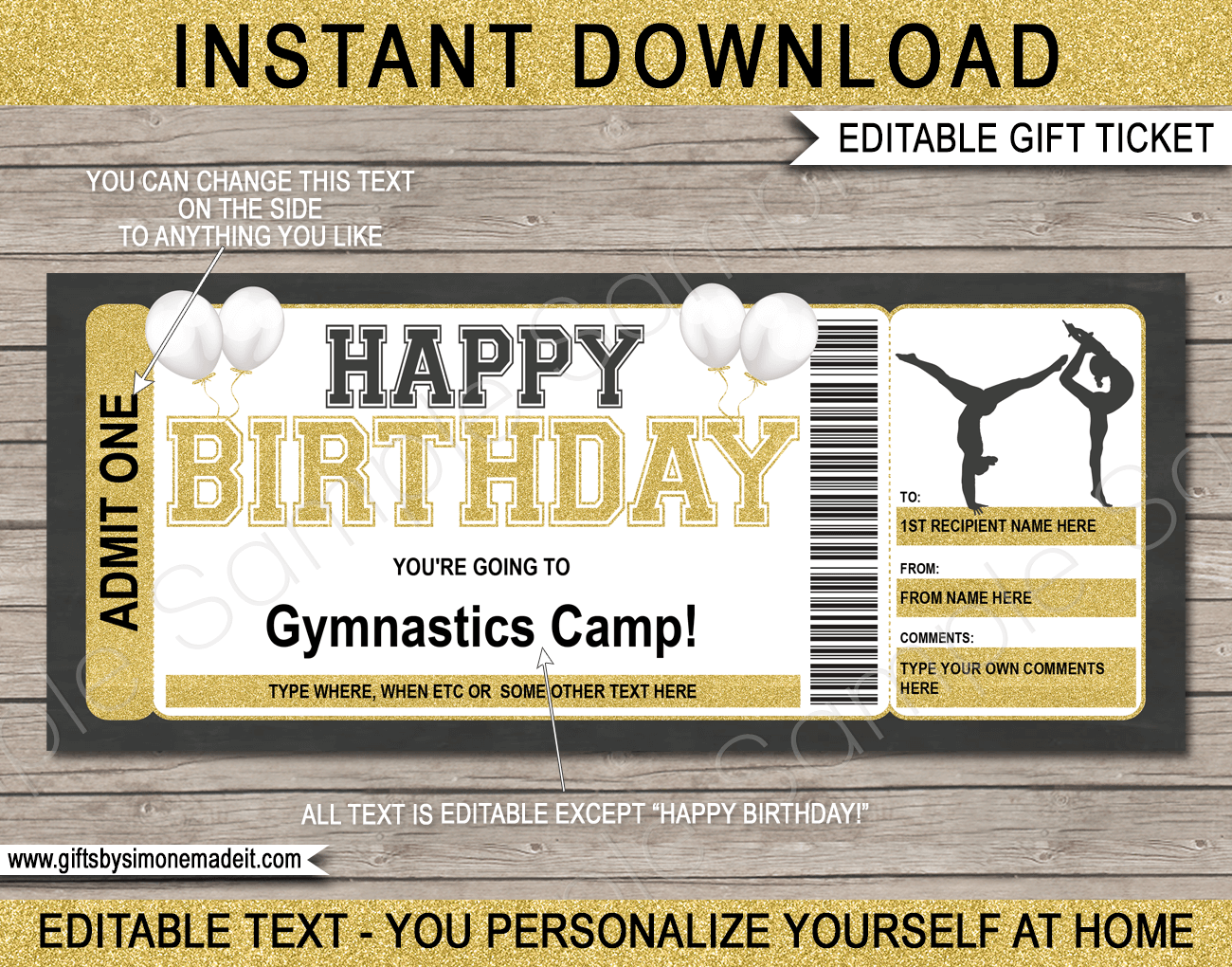 Birthday Gymnastics Camp Ticket Template