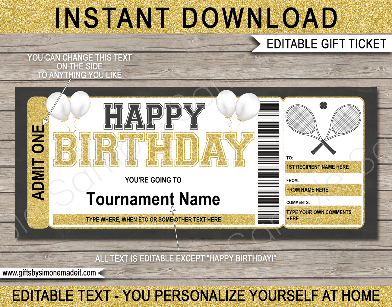 Birthday Tennis Ticket Template  Printable Tournament Ticket Gift  Regarding Tennis Gift Certificate Template