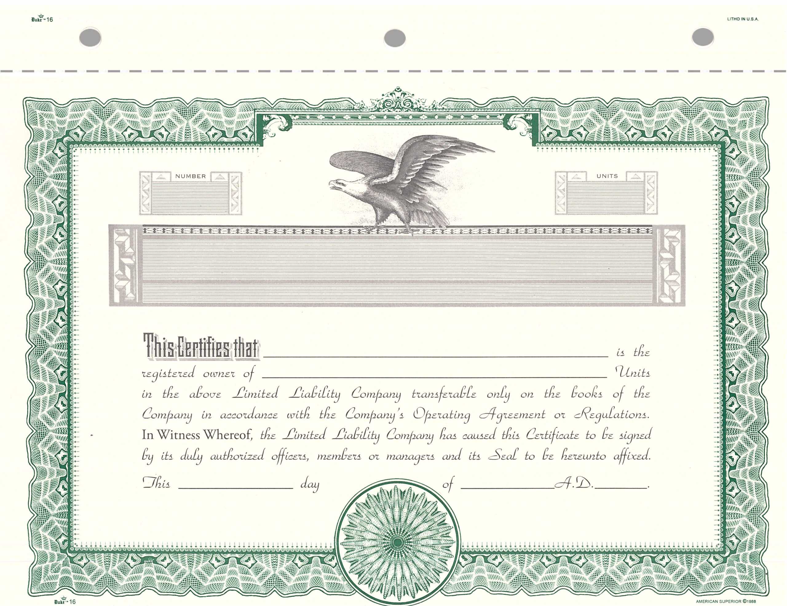 Blank LLC Membership Certificates  Duke [10 Color Options] (Pack Of 100) Regarding Llc Membership Certificate Template