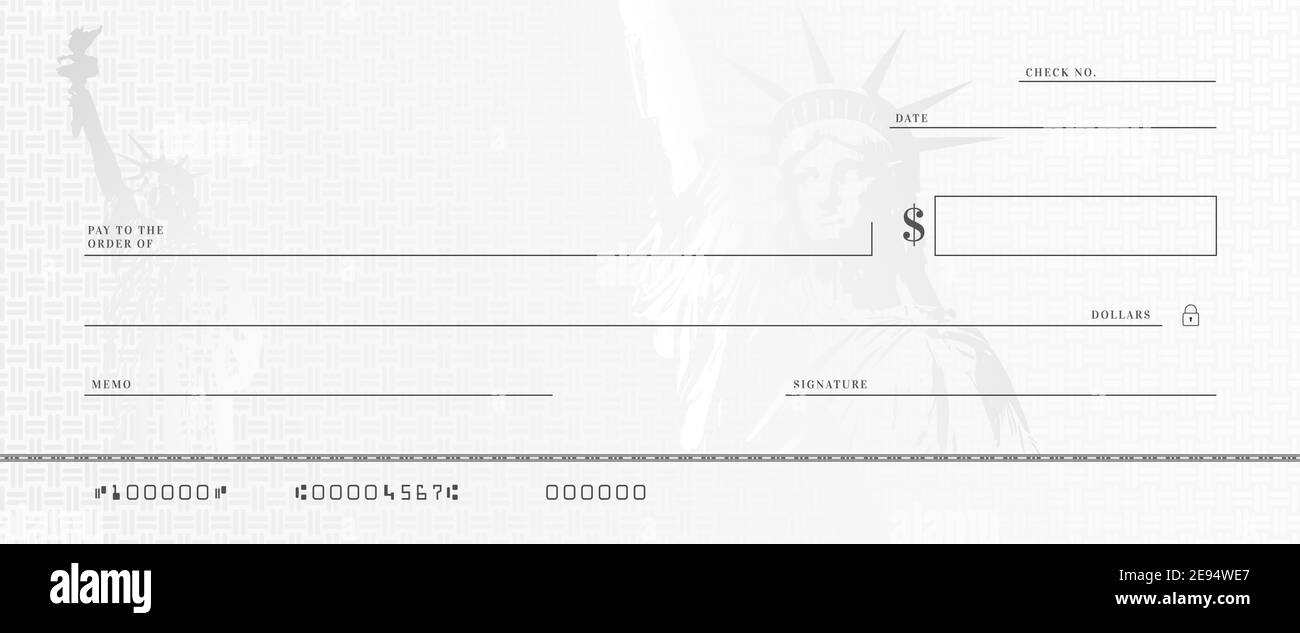 Blank money check template. Fake stimulus cheque mockup. Bank