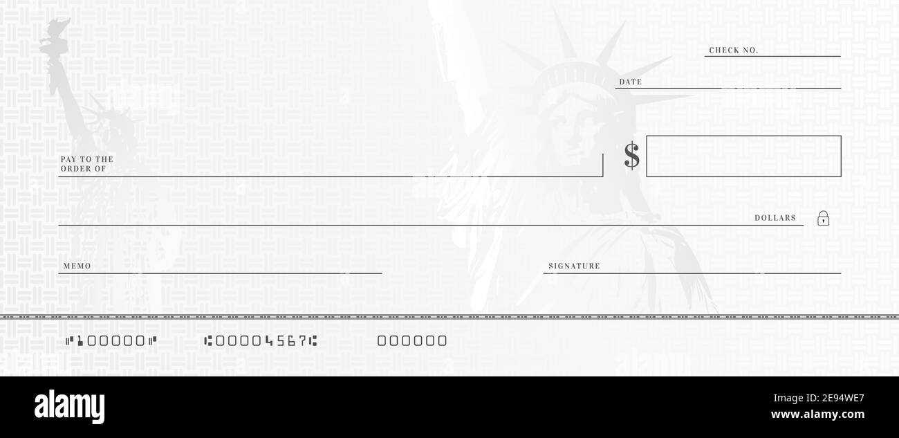 Blank money check template. Fake stimulus cheque mockup. Bank