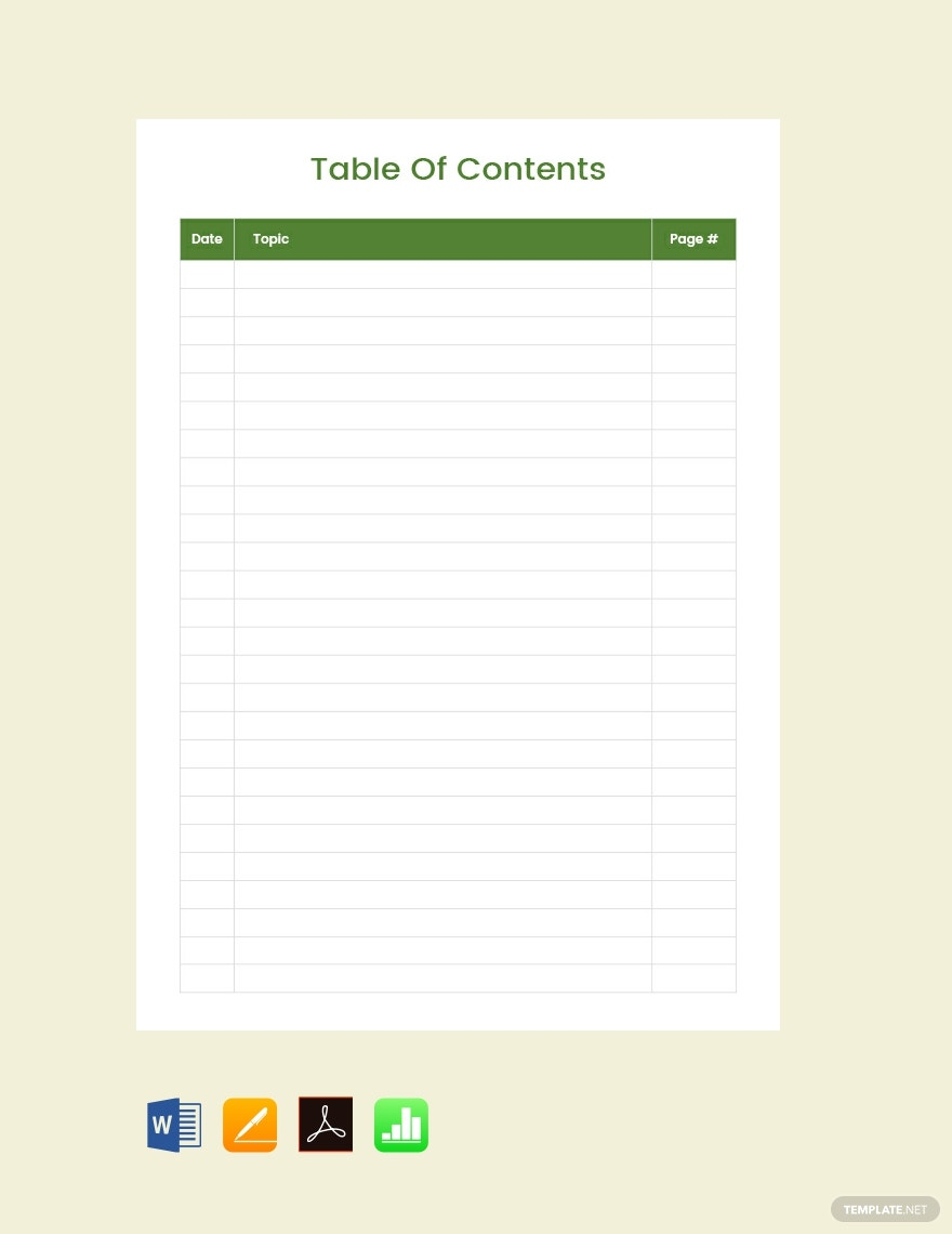 Blank Table of Contents Template - Google Docs, Word, Apple  Pertaining To Blank Table Of Contents Template Pdf
