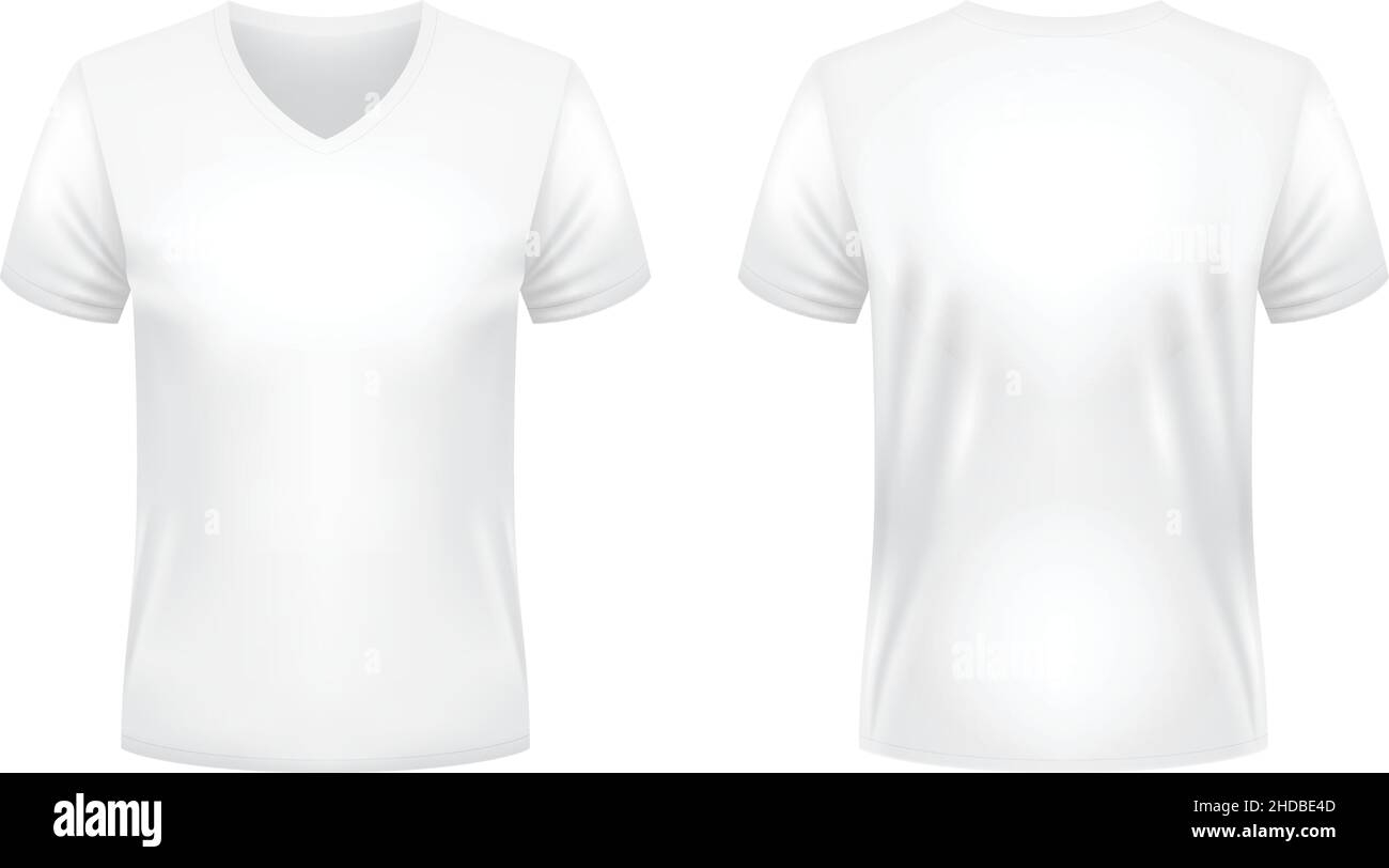 Blank white V-neck t-shirt template. Front and back views