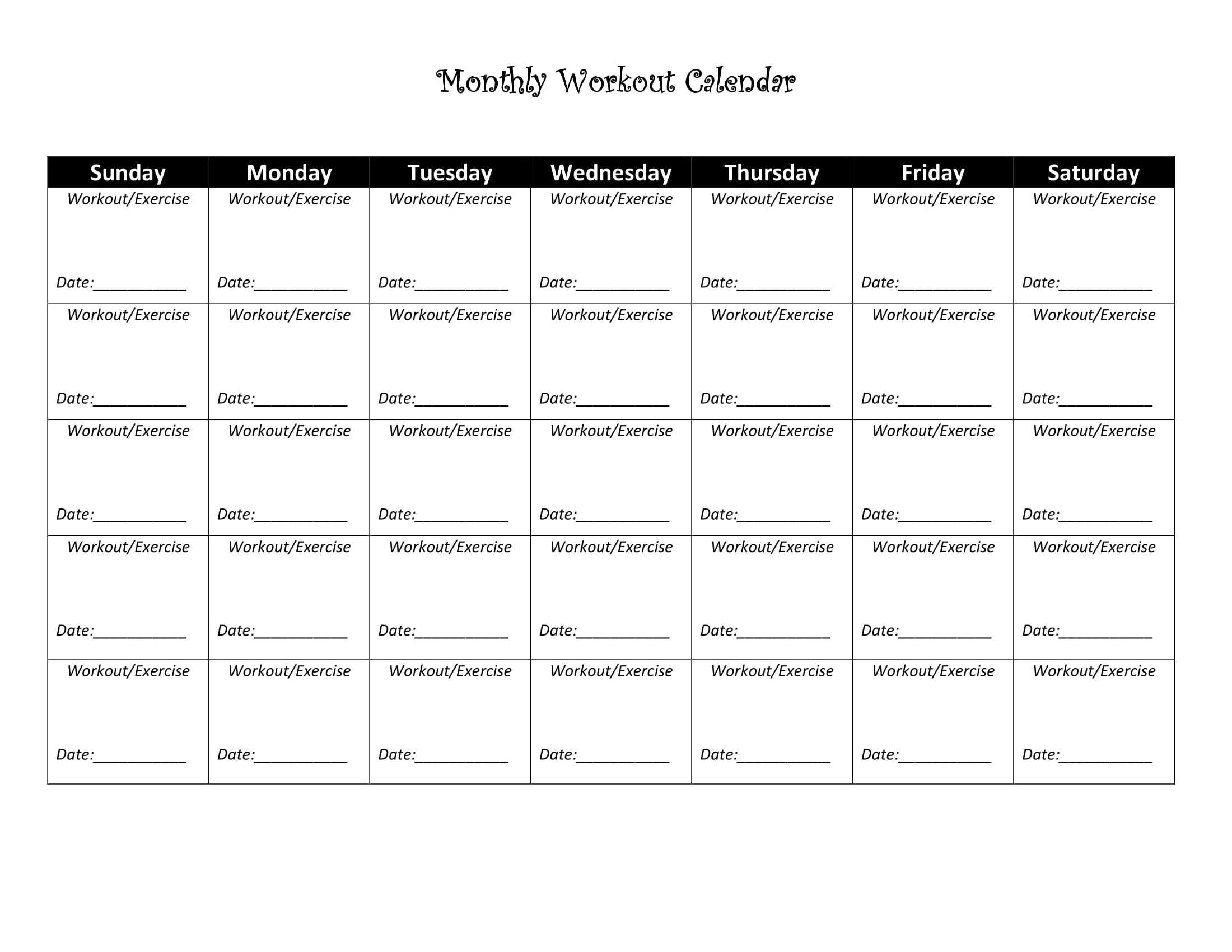 Blank Workout Calendar  Free Pdf