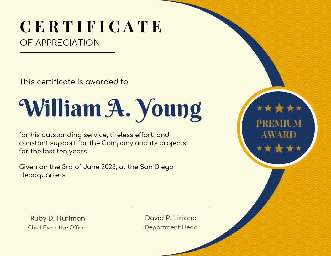 Blue And Yellow Certificate Of Recognition Template With Recognition Of Service Certificate Template