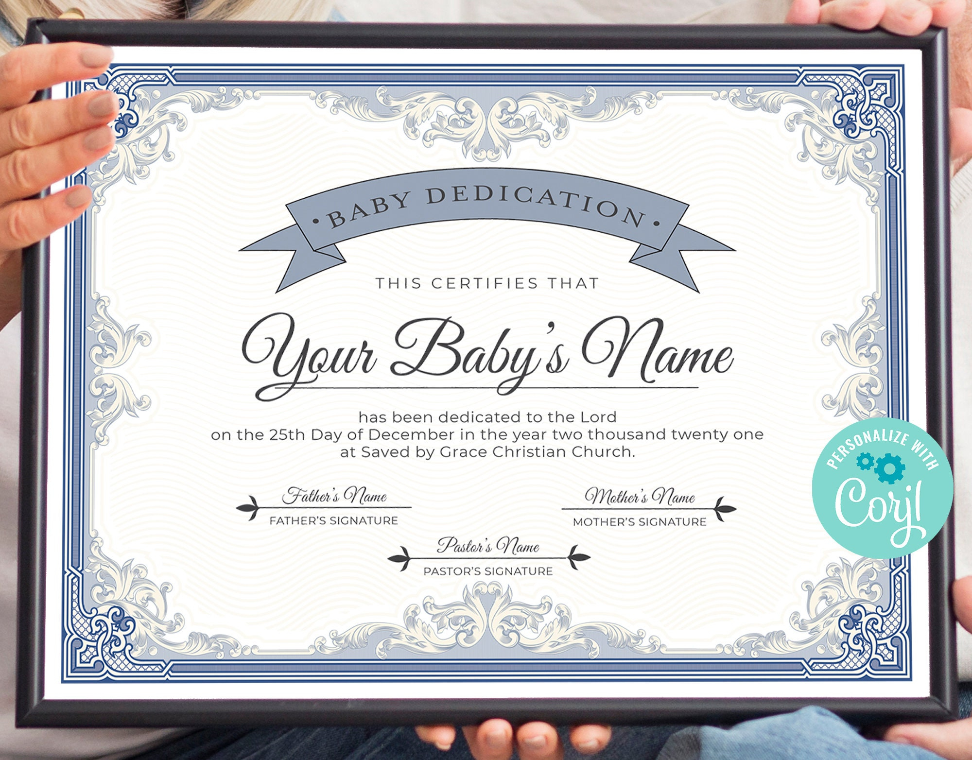 Blue Baby Dedication Certificate Editable Baby Christening – Etsy