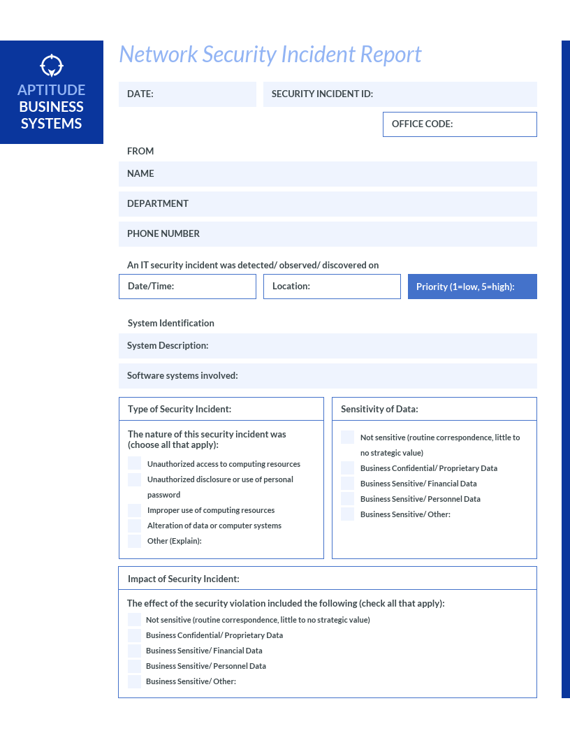 Blue IT Incident Report Template With Regard To It Incident Report Template