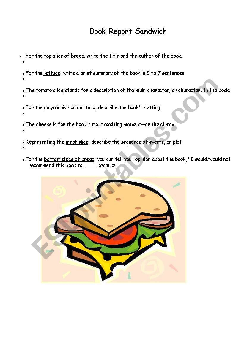 book report sandwich form + explanation - ESL worksheet by mwabnitz Throughout Sandwich Book Report Printable Template