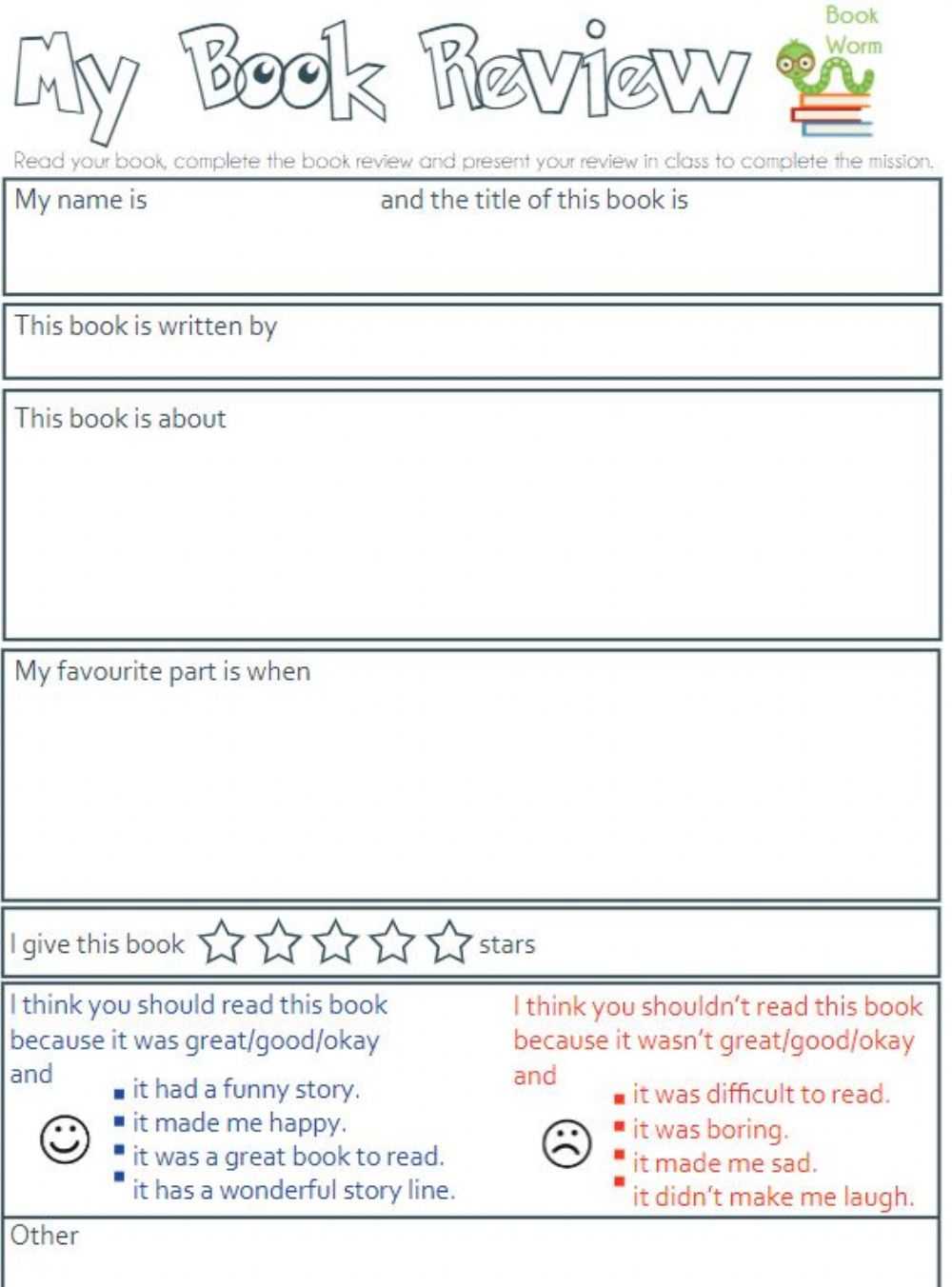 Book review form worksheet