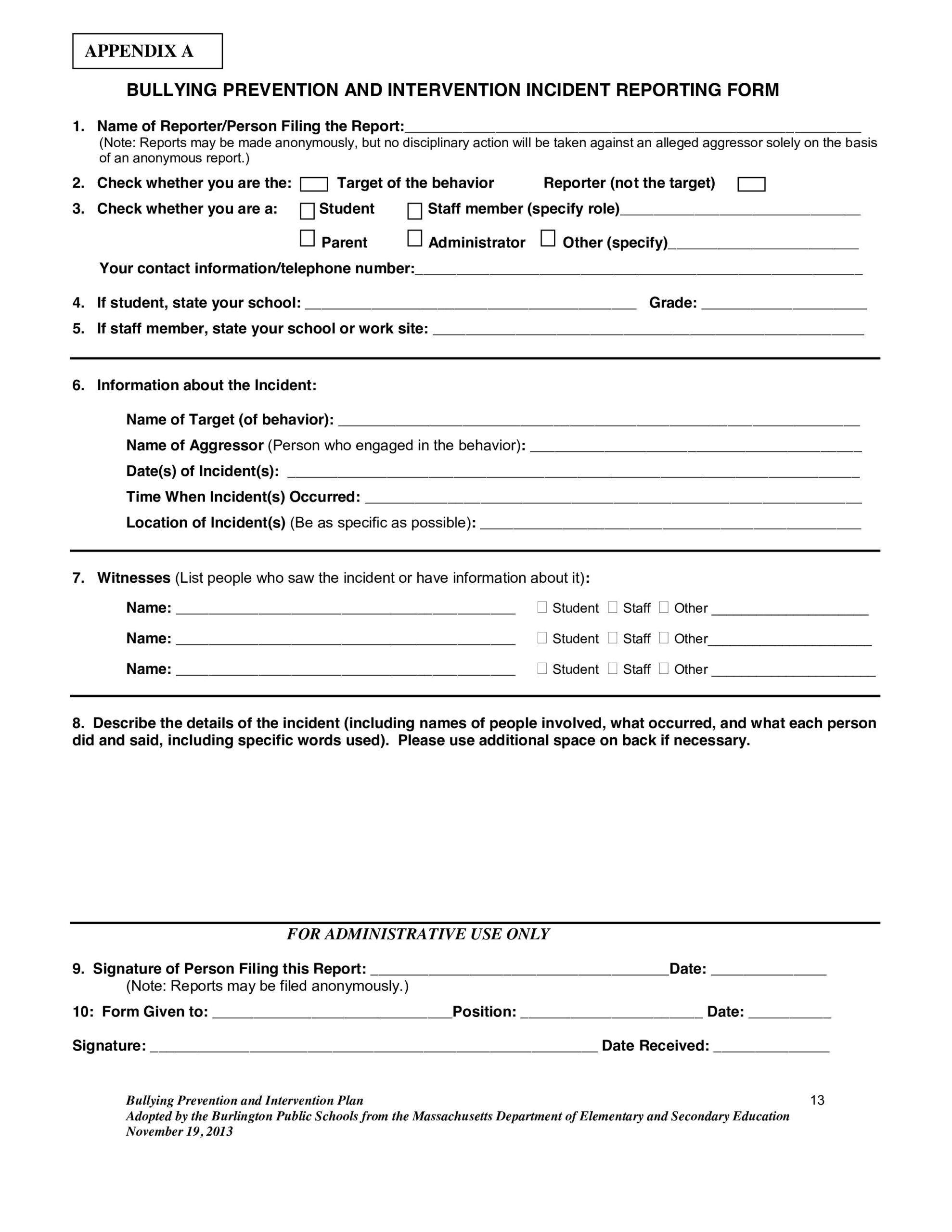 BPS Bullying Incident Report Form  Marshall Simonds Middle School Inside School Incident Report Template