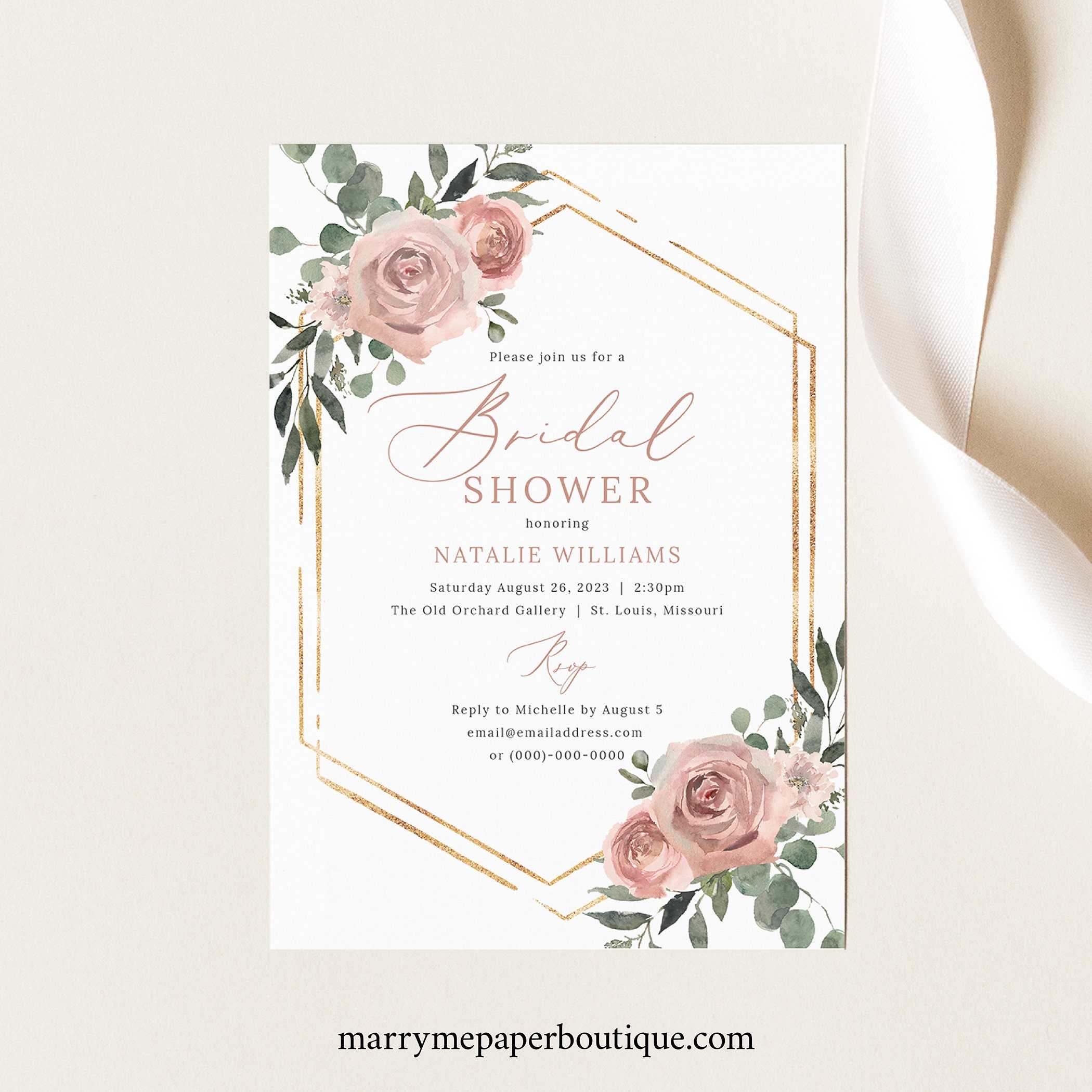 Bridal Shower Invite Template Dusky Pink Floral Bridal - Etsy With Regard To Blank Bridal Shower Invitations Templates