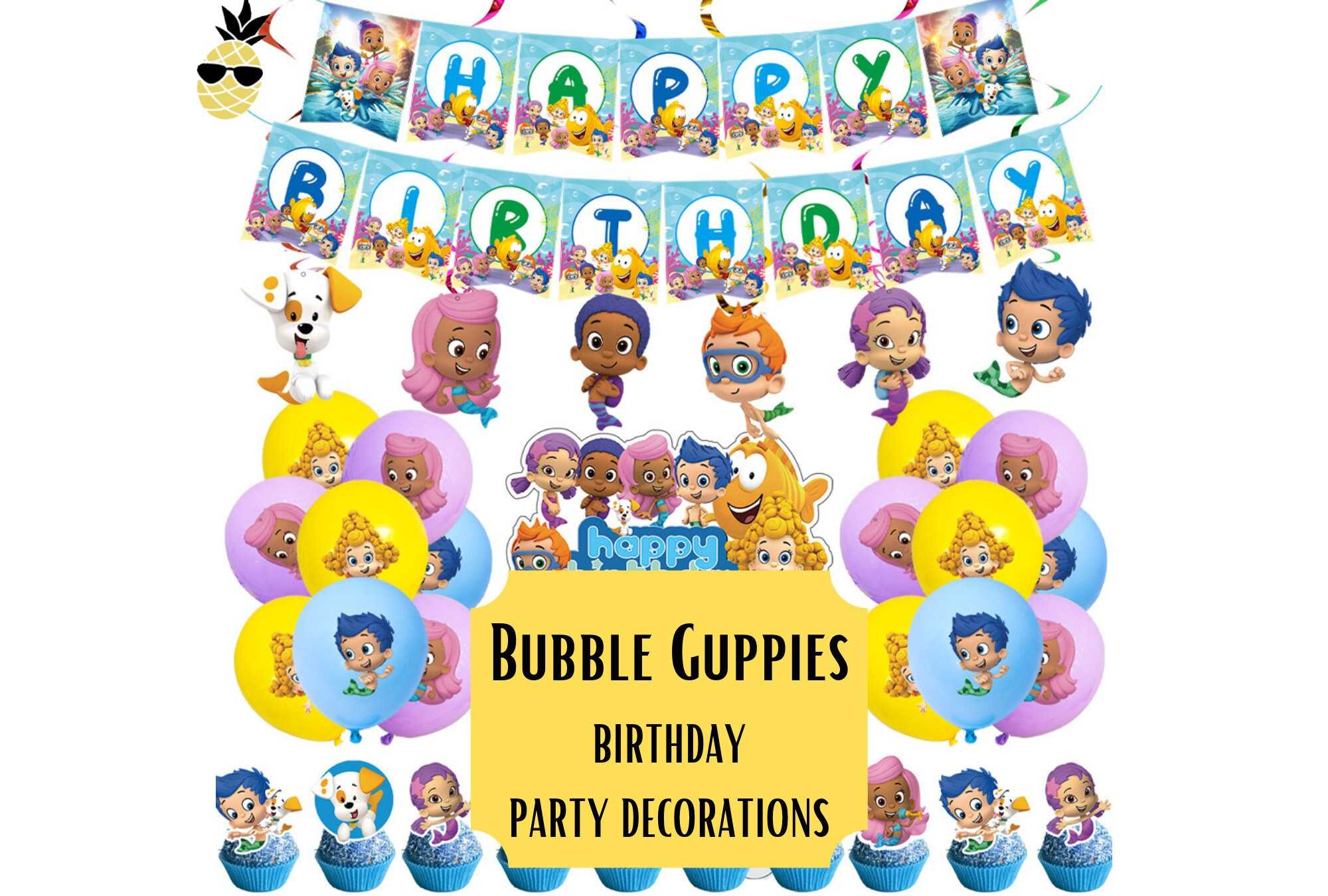 Bubble Guppies birthday decoration pack  birthday banner  Cake Topper   Cupcake toppers  balloons  underwater party