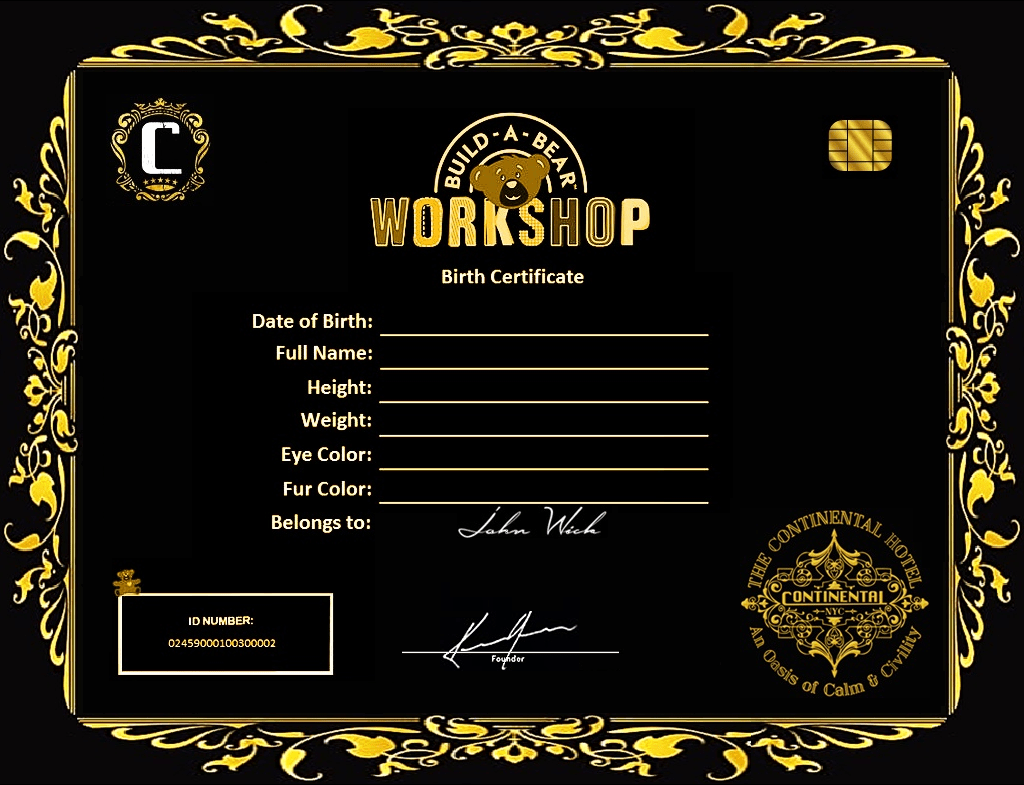 Build A Bear Birth Certificate – John Wick Edition By Snouie On  With Build A Bear Birth Certificate Template