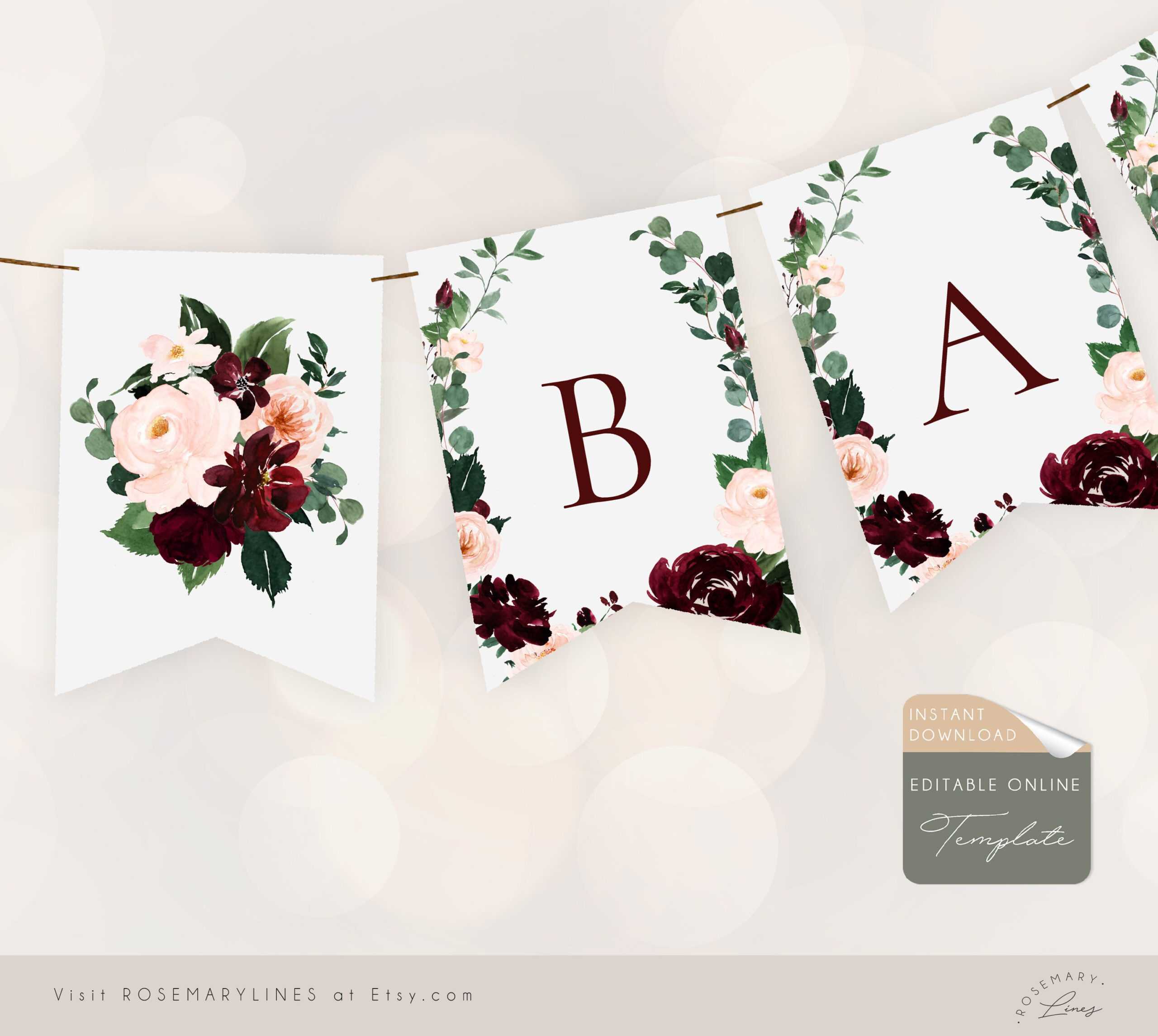 Burgundy Banner Template Burgundy Blush Greenery Bridal – Etsy Intended For Bridal Shower Banner Template