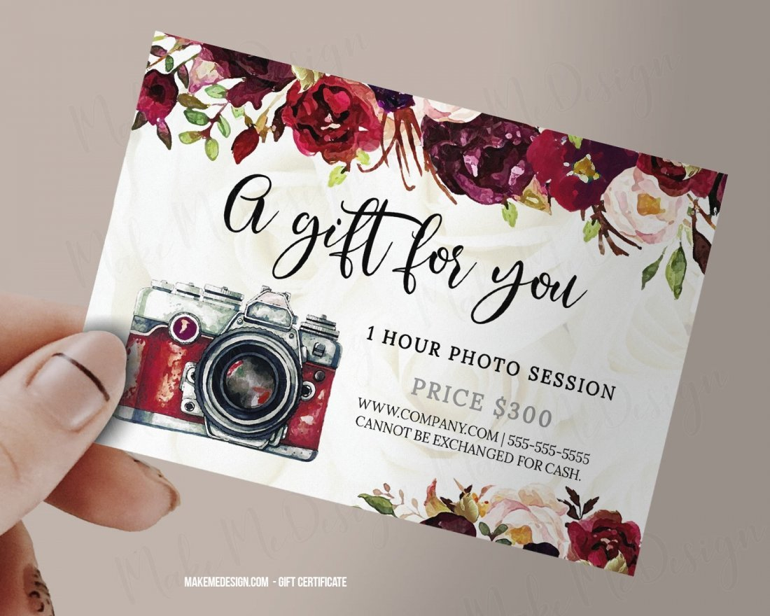 Burgundy Floral Gift Certificate Photography, Photo Session  For Photoshoot Gift Certificate Template