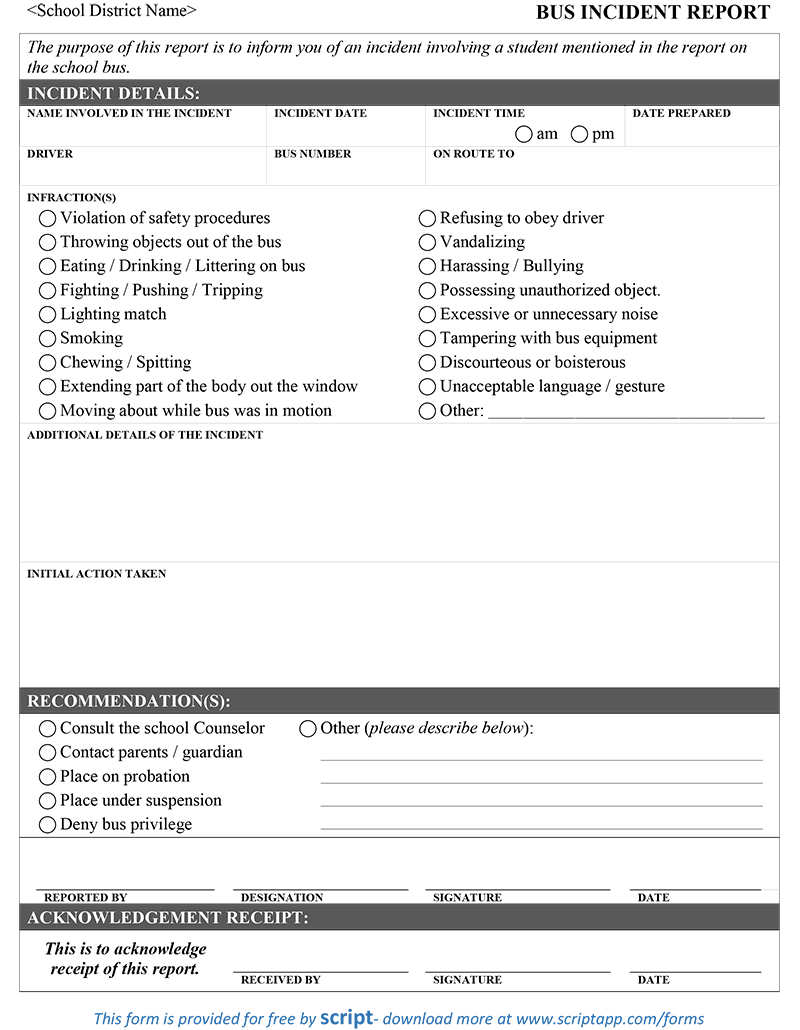 Bus Incident Report Form - Script For School Incident Report Template