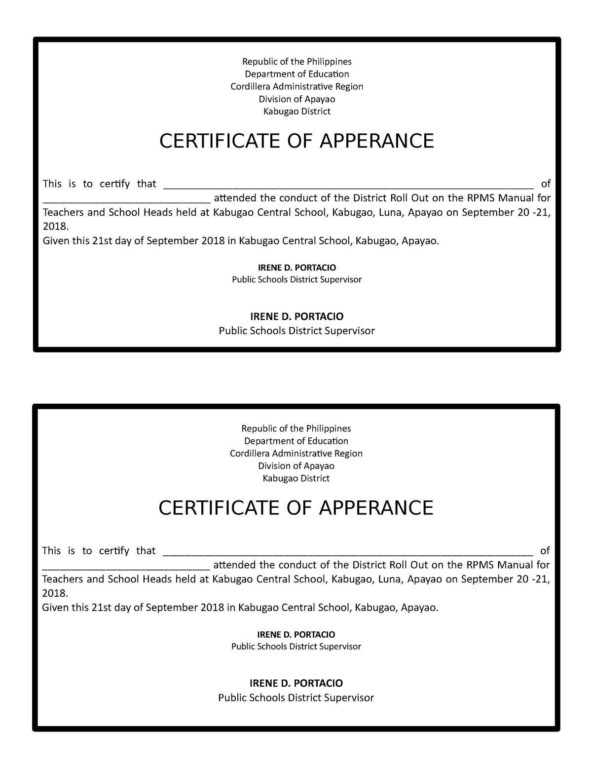 Ca - cert of appearance - Republic of the Philippines Department