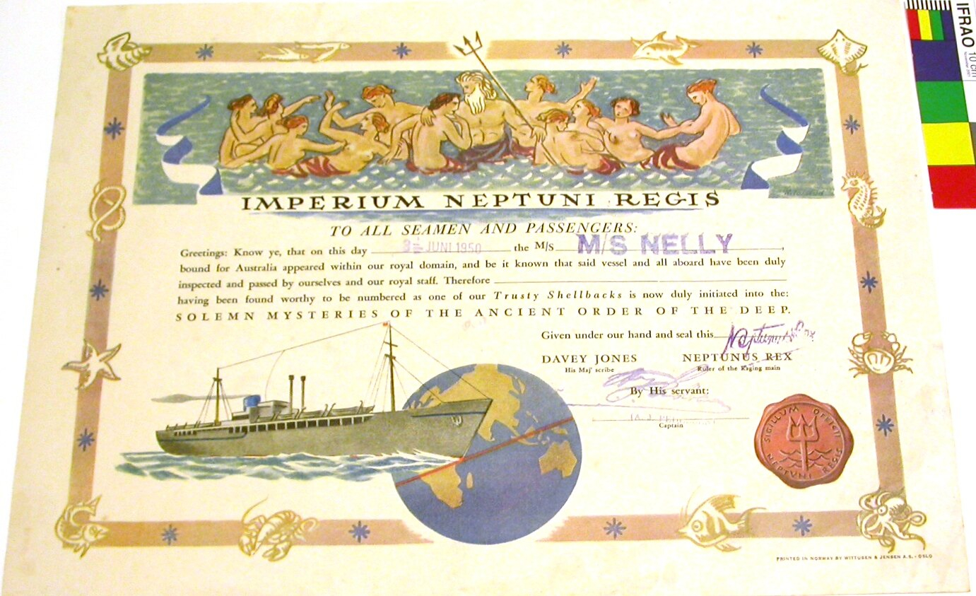 Certificate - Crossing the Equator, MS Nelly, Wittusen & Jensen AS  With Crossing The Line Certificate Template