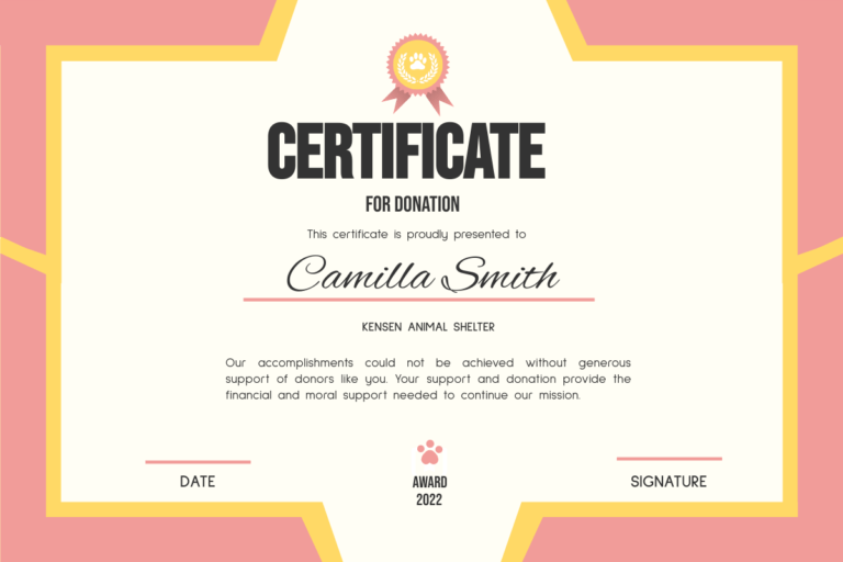 Certificate For Donation In Pink And Yellow Certificate Template Certificate For Donation In Pink And Yellow Certificate Template