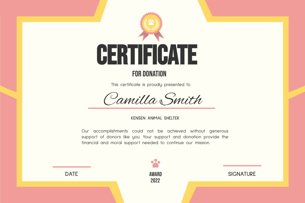 Certificate For Donation In Pink And Yellow  Certificate Template Intended For Donation Certificate Template
