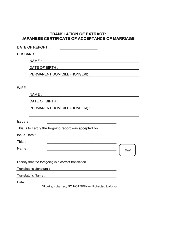 certificate of acceptance of marriage report: Fill out & sign  Intended For Birth Certificate Translation Template