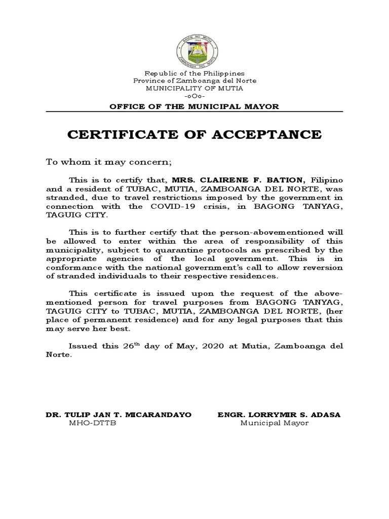 Certificate of Acceptance  PDF Pertaining To Certificate Of Acceptance Template