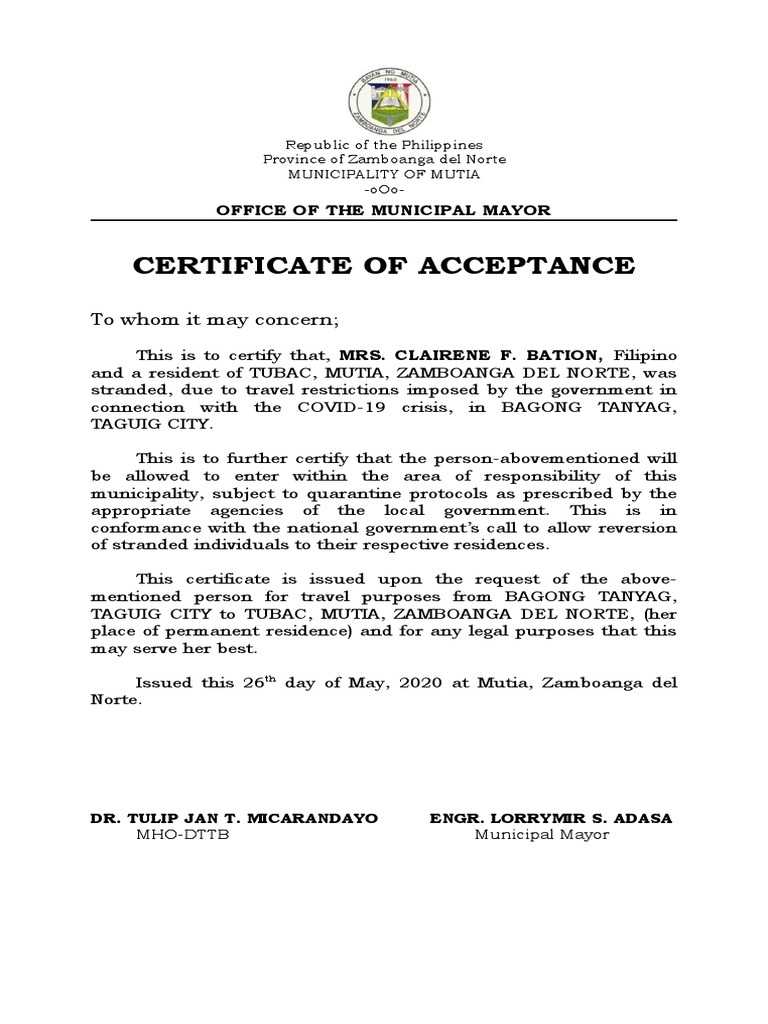 Certificate of Acceptance  PDF Pertaining To Certificate Of Acceptance Template