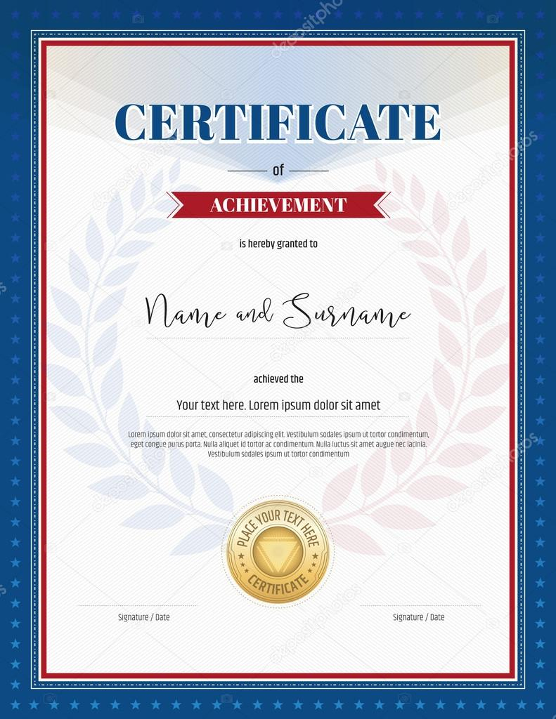 Certificate of achievement template in red and blue border, laurel