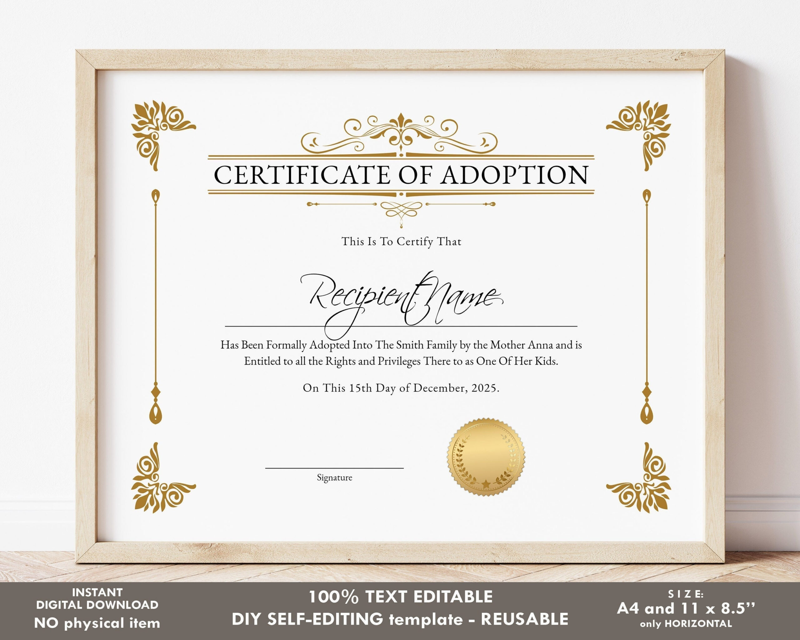 Certificate of Adoption to Our Family Editable Printable - Etsy