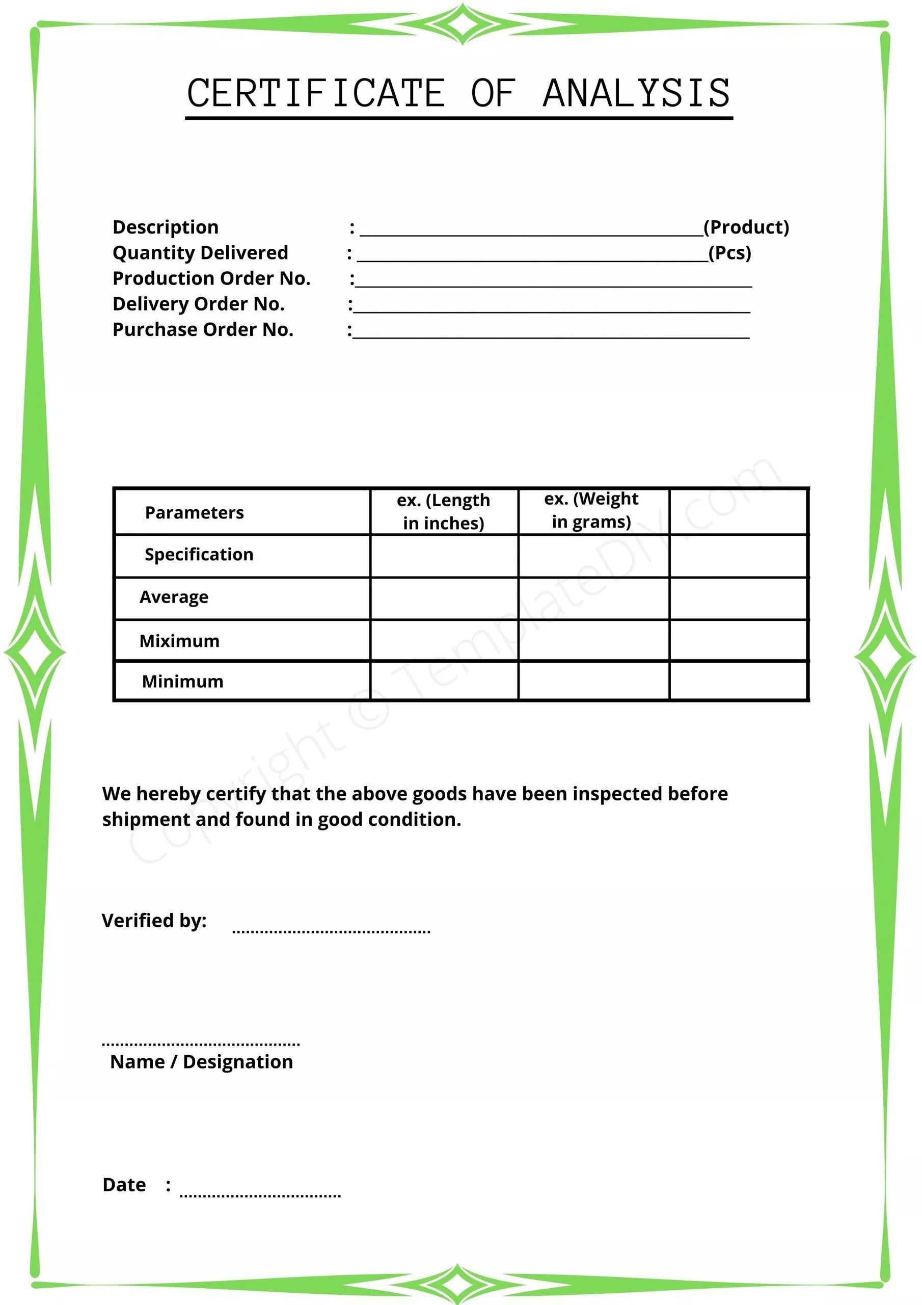 Certificate Of Analysis Blank Printable Template In PDF & Word For Certificate Of Analysis Template