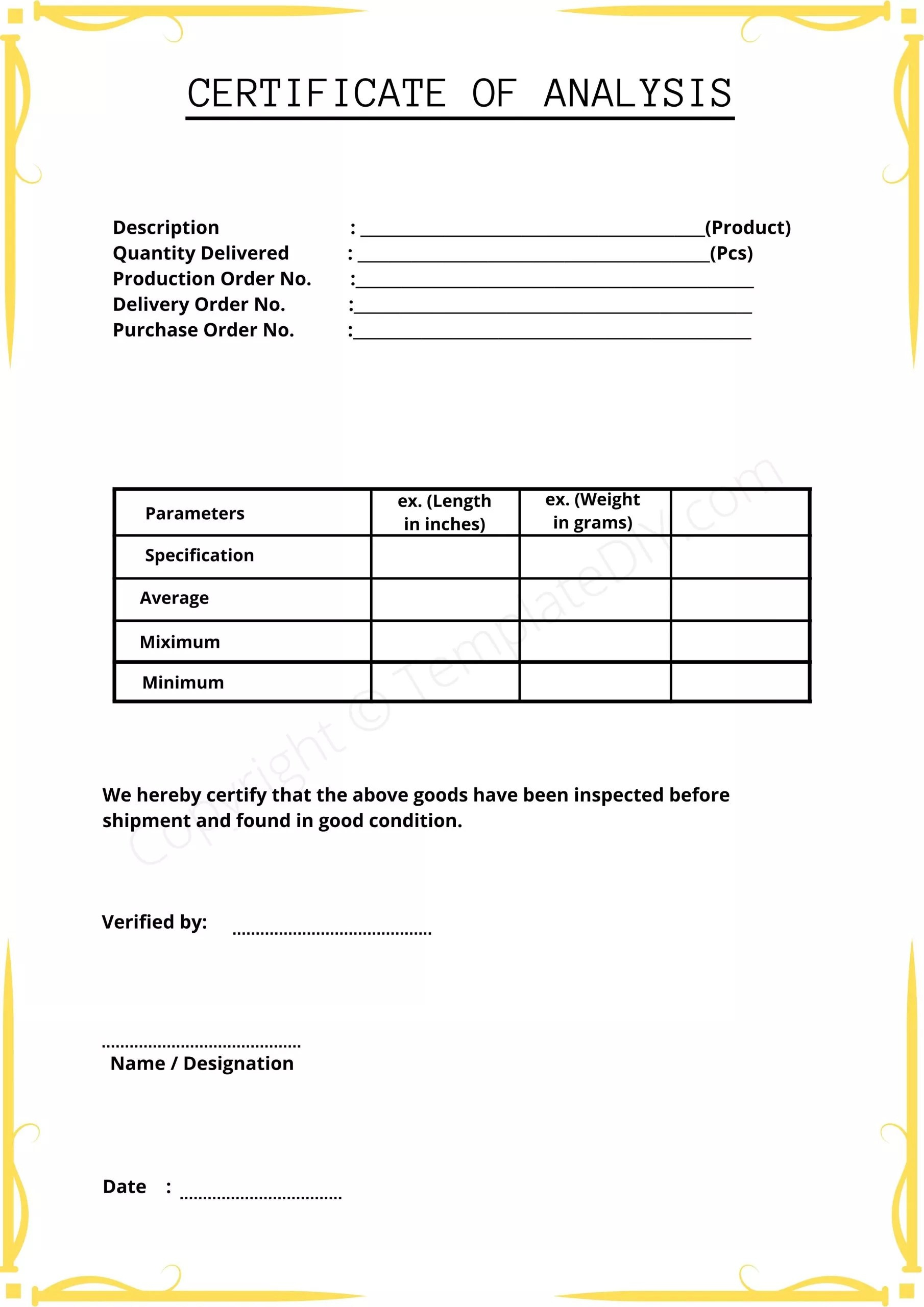 Certificate Of Analysis Blank Printable Template In PDF & Word Pertaining To Certificate Of Manufacture Template