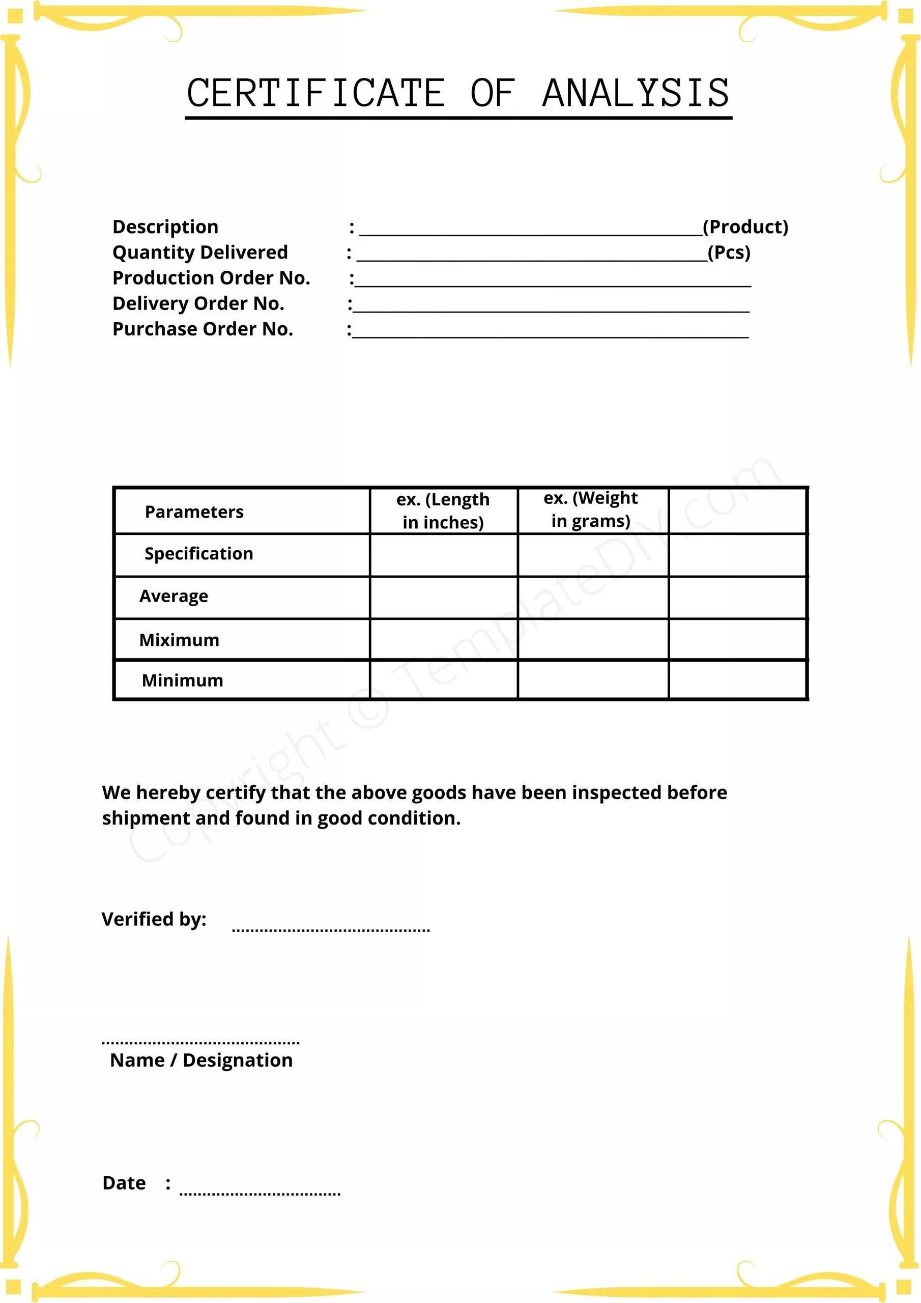 Certificate of Analysis Blank Printable Template in PDF & Word