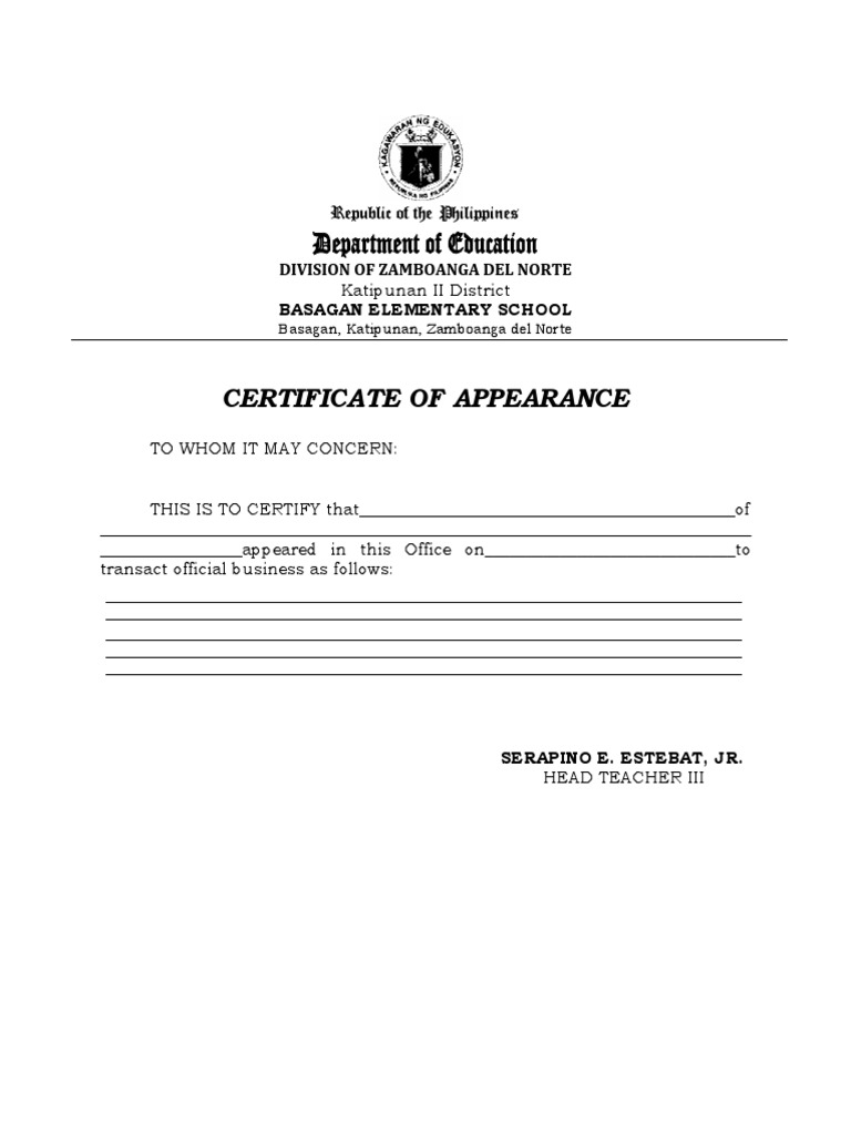Certificate of Appearance  PDF  Philippines  Unrest Regarding Certificate Of Appearance Template