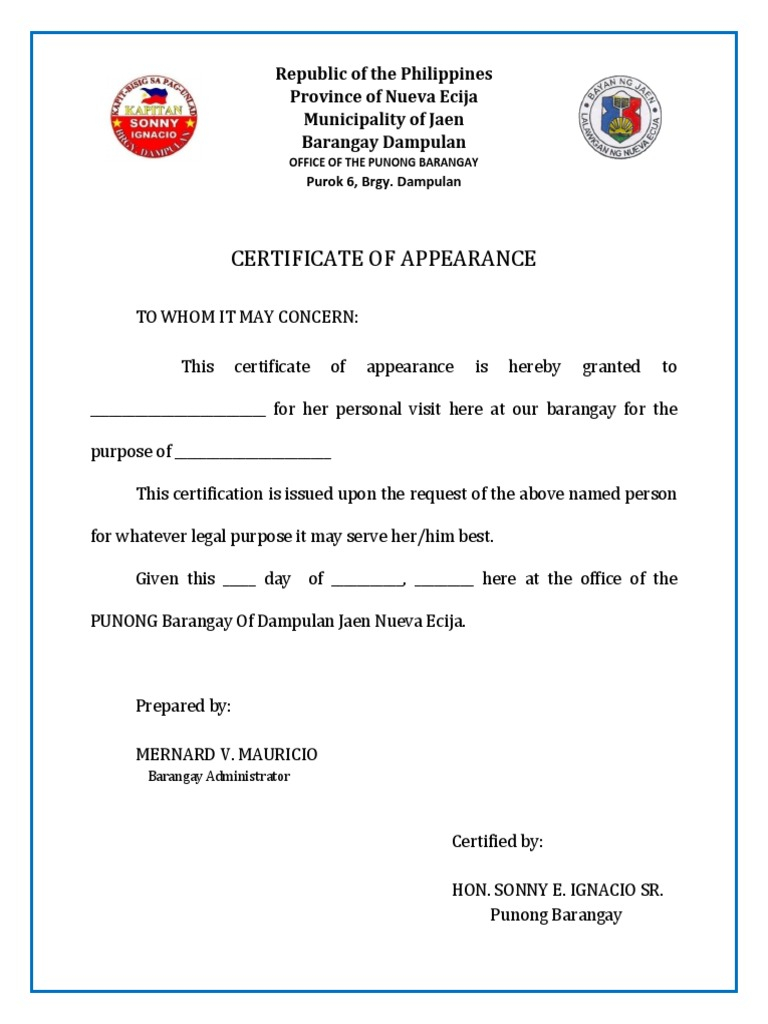 Certificate of Appearance  PDF With Regard To Certificate Of Appearance Template