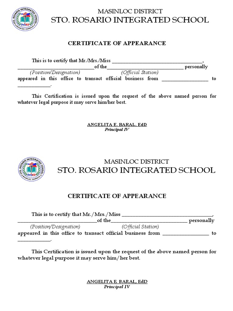 Certificate of Appearance Template  PDF In Certificate Of Appearance Template