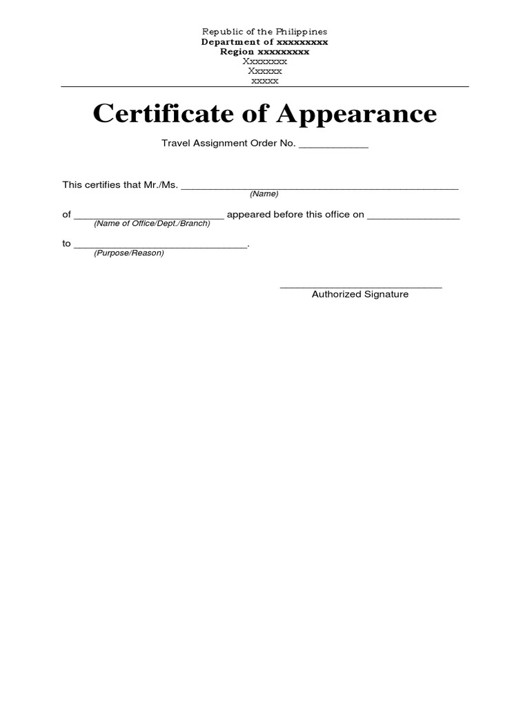 Certificate of Appearance Template  PDF Intended For Certificate Of Appearance Template