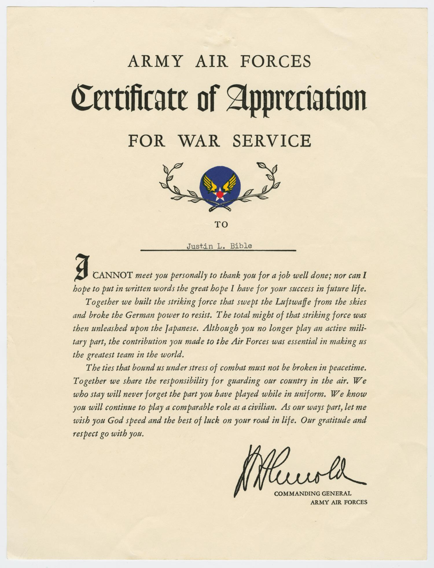 Certificate of Appreciation for War Service] - The Portal to Texas  Within Army Certificate Of Appreciation Template