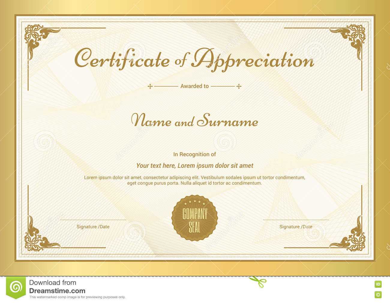 Certificate Of Appreciation Template With Gold Border Stock Vector  With Regard To Certificate Of Appreciation Template Free Printable