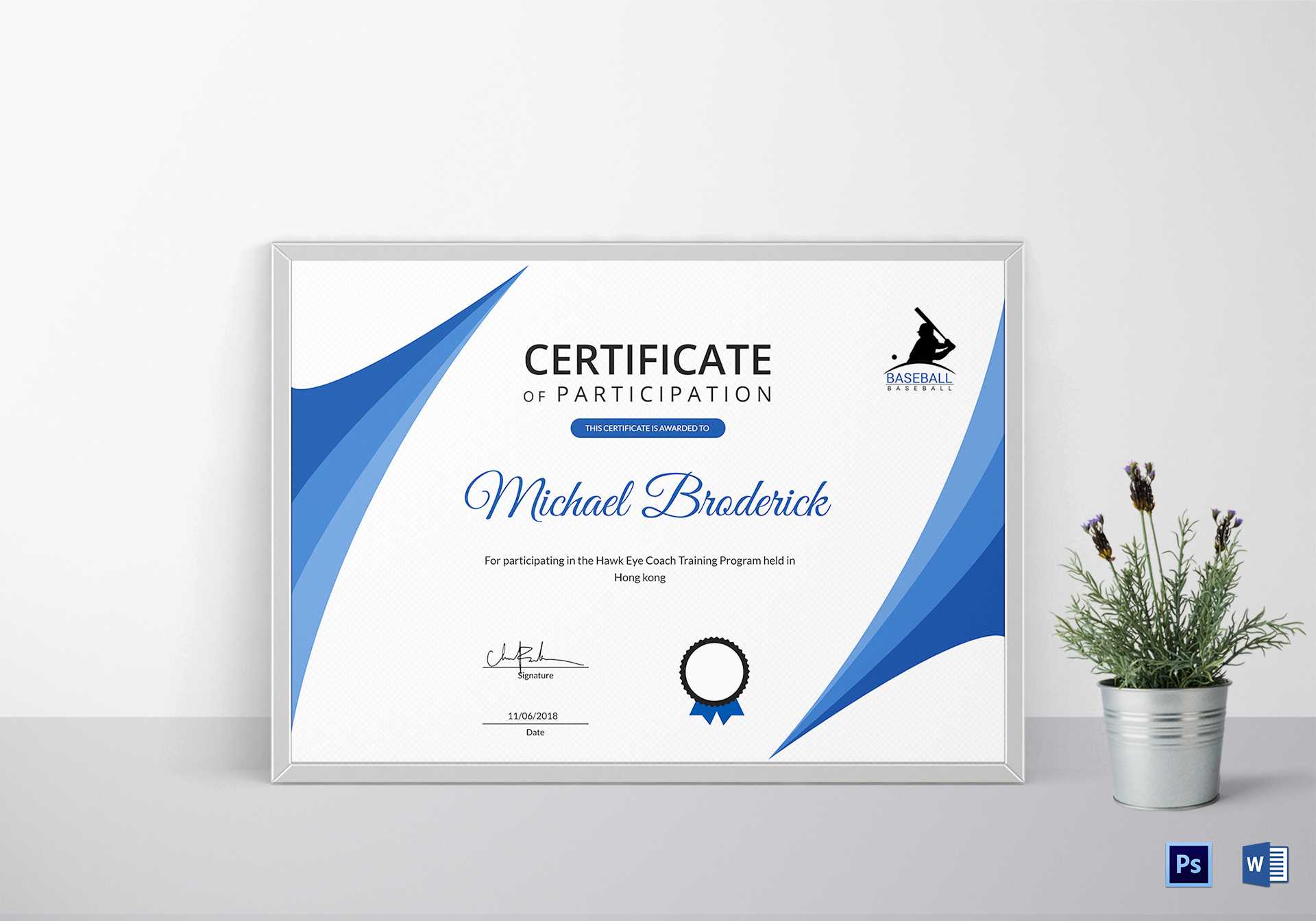 Certificate of Coach Participation Design Template in PSD, Word With Certificate Of Participation Word Template