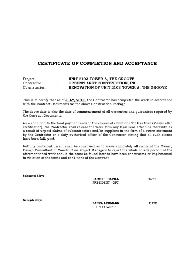 Certificate Of Completion And Acceptance  PDF Regarding Certificate Of Completion Construction Templates