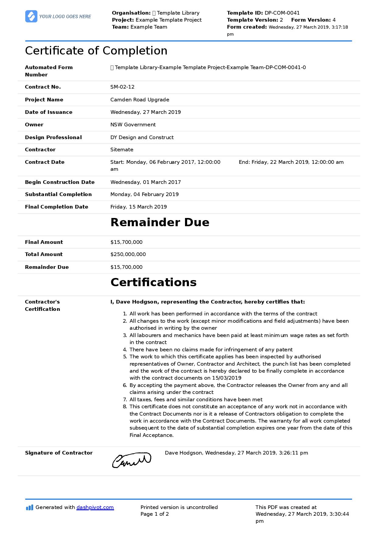 Certificate of Completion for Construction (Free template + sample) In Certificate Template For Project Completion