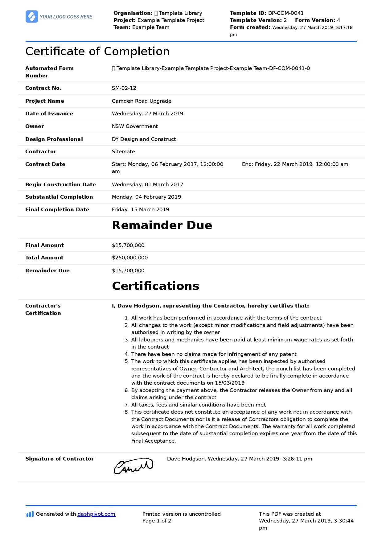 Certificate Of Completion For Construction (Free Template + Sample) Pertaining To Certificate Of Completion Template Construction