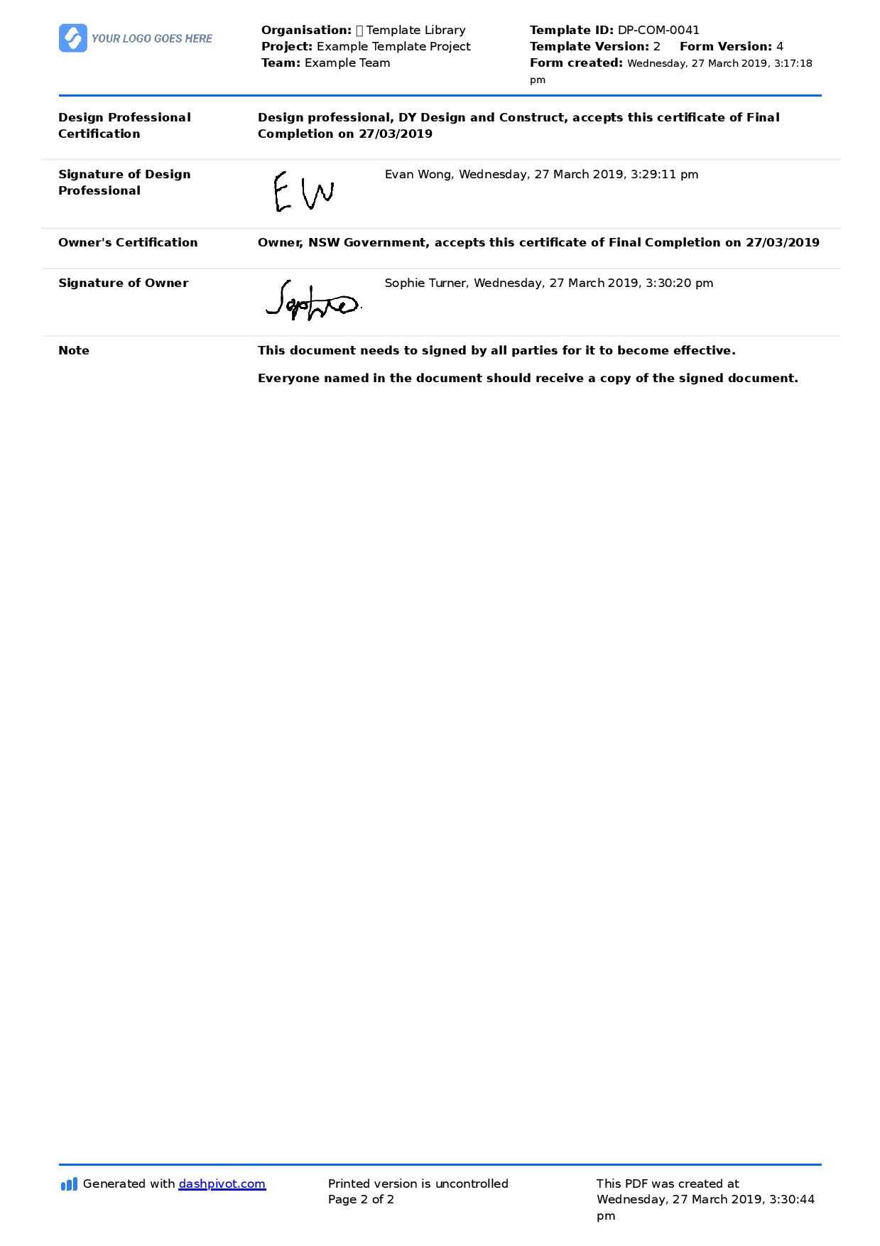 Certificate of Completion for Construction (Free template + sample) Throughout Practical Completion Certificate Template Uk