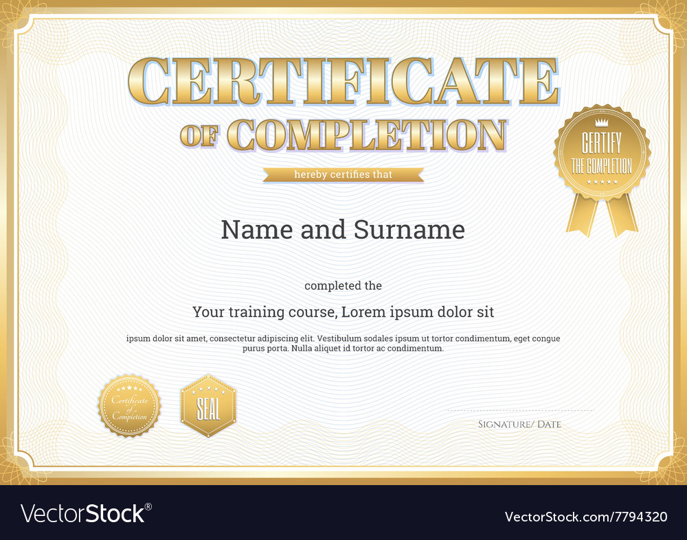 Certificate of completion template gold Royalty Free Vector Throughout Certification Of Completion Template