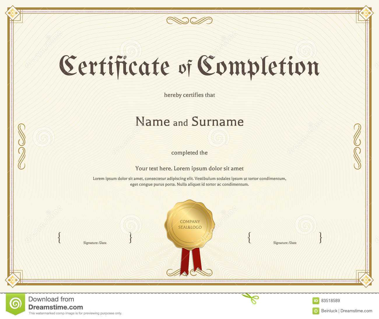 Certificate of Completion Template in Vintage Theme Stock Vector  Pertaining To Certification Of Completion Template
