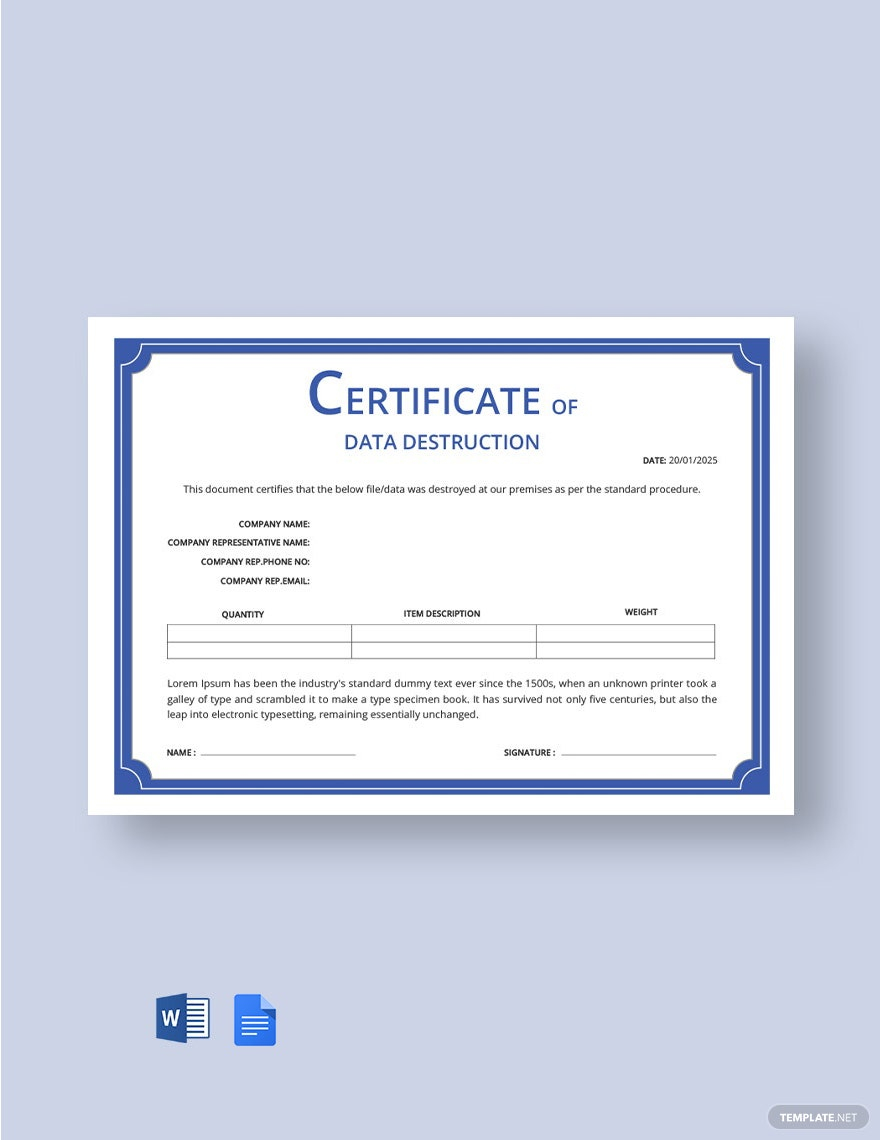 Certificate of Data Destruction Template - Google Docs, Word  Within Hard Drive Destruction Certificate Template