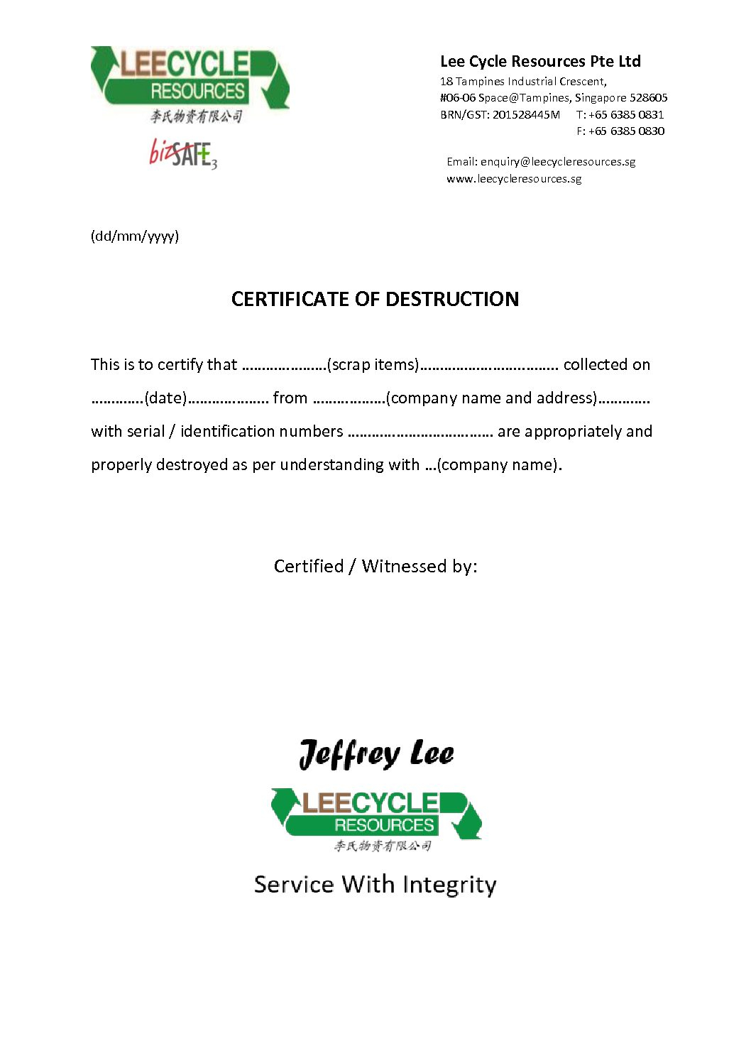 Certificate Of Destruction - Leecycle Resources Singapore Within Certificate Of Disposal Template