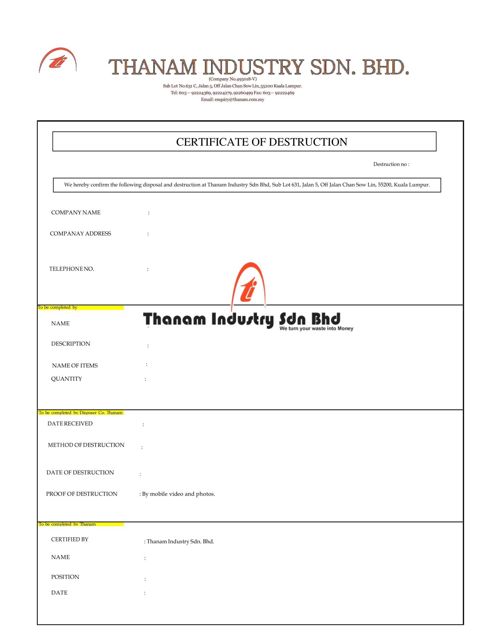 CERTIFICATE OF DESTRUCTION TEMPLATE - Thanam – Scrap and Recycle
