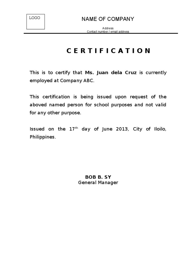 Certificate of Employment  PDF Inside Template Of Certificate Of Employment