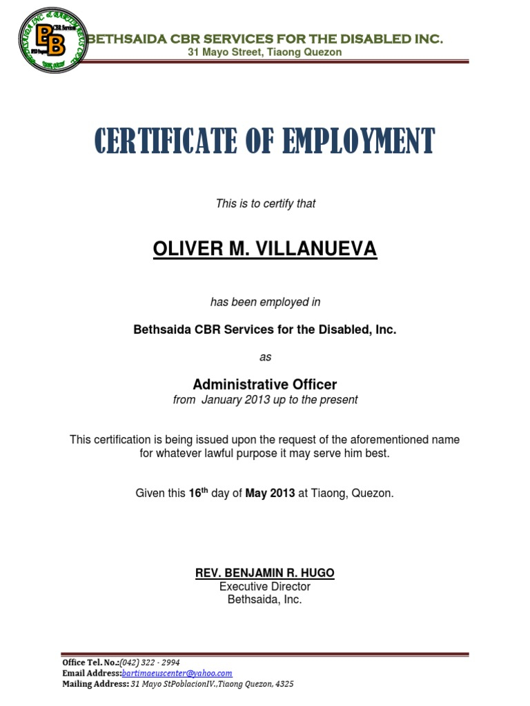 Certificate of Employment Sample  PDF  Email  Network Service In Employee Certificate Of Service Template